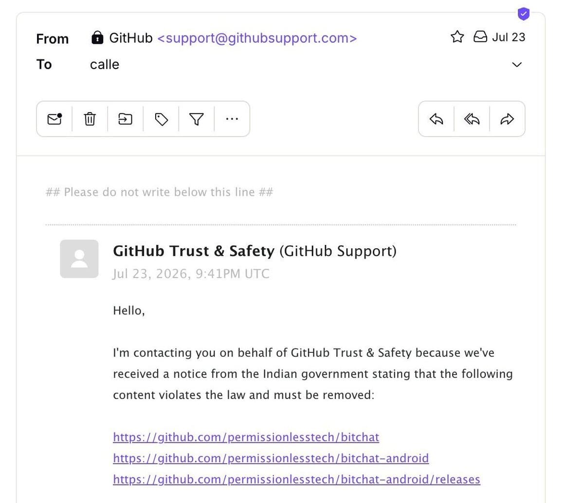 Email from GitHub Trust & Safety relaying a takedown notice from the Indian government for the bitchat repositories